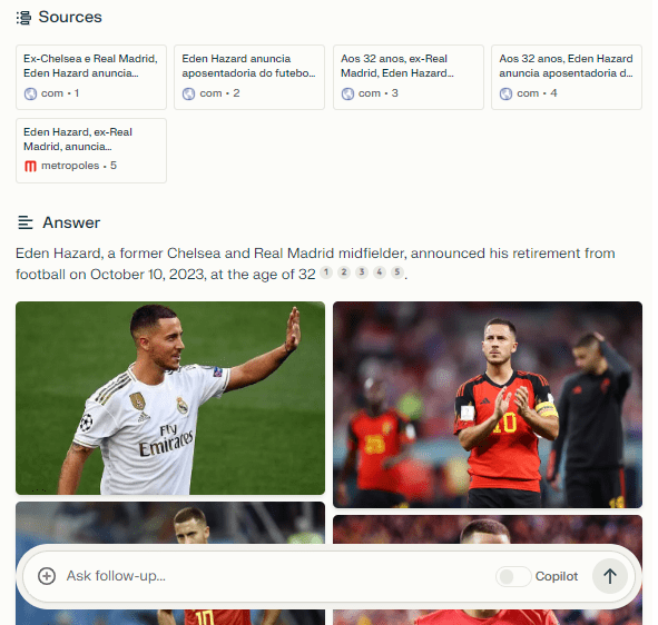 Pesquisa em plataforma de IA sobre Eden Hazard