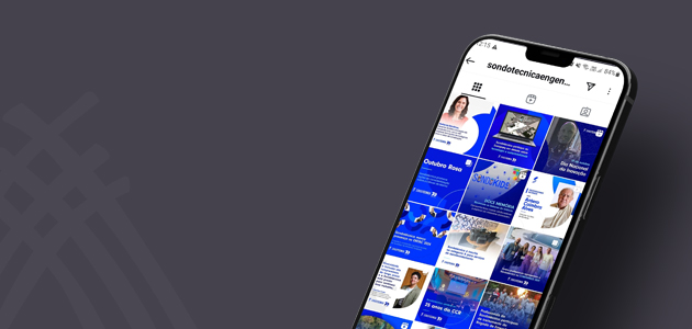 Smartphone com o Instagram da Sondotécnica Engenharia, ilustrando o serviço de gestão de redes sociais e branding B2B oferecido pela agência Aldeia Comunicação, localizada no Rio de Janeiro.