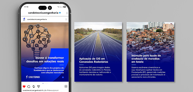 Feed das redes sociais do nosso cliente, a Sondotécnica Engenharia. A agência Aldeia Comunicação, localizada no Rio de Janeiro, é responsável pela gestão das plataformas LinkedIn, Instagram e Facebook.