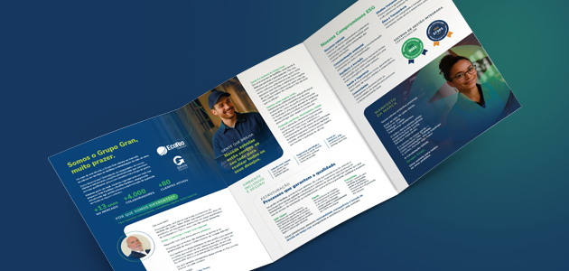 Folder é um dos serviços que a Aldeia Comunicação, agência de publicidade localizada no Rio de Janeiro, oferece. A imagem representa um case para o cliente Grupo Gran.