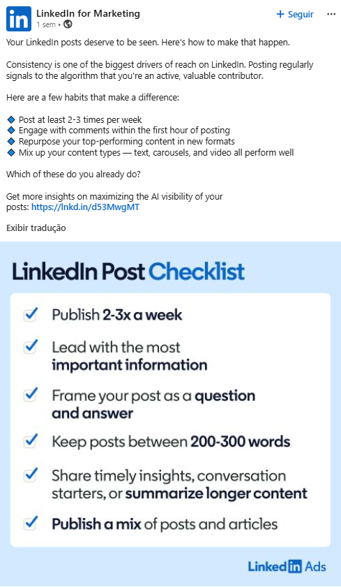 Checklist do LinkedIn com recomendações para aumentar a visibilidade das publicações. 